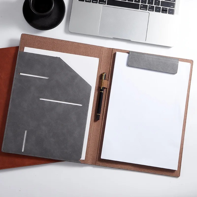 Leather Work Folder - Czarna skórzana teczka konferencyjna A4 z